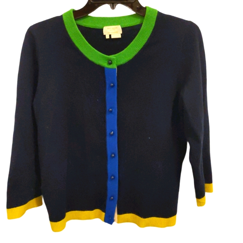 kate spade Navy Cardigan with Green Trim, Blue Placket & Yellow Accents